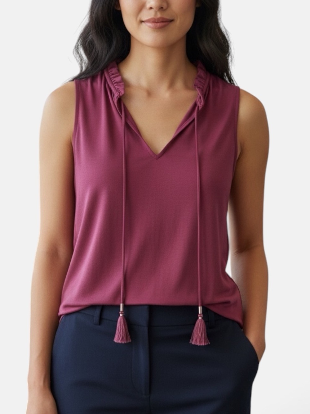 NEW White House Black Market Fuchsia Ruffle Neck Tassel Tie Blouse Size XS